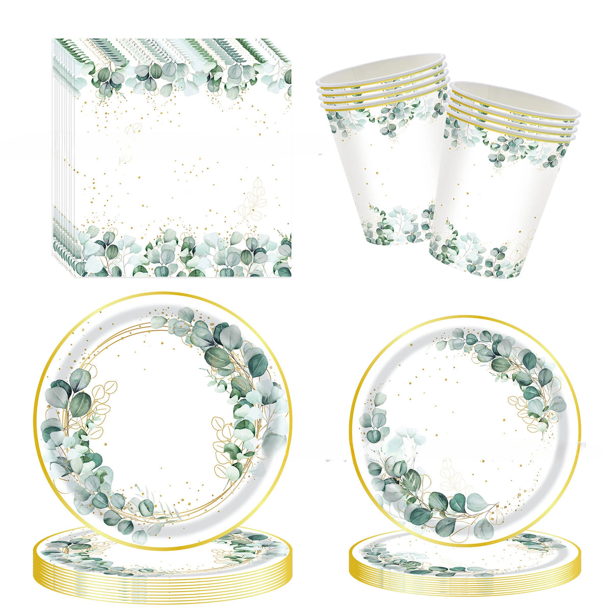 assiettes papier fleur vert mariage anniversaire serviettes pailles verres saint valentin baptême