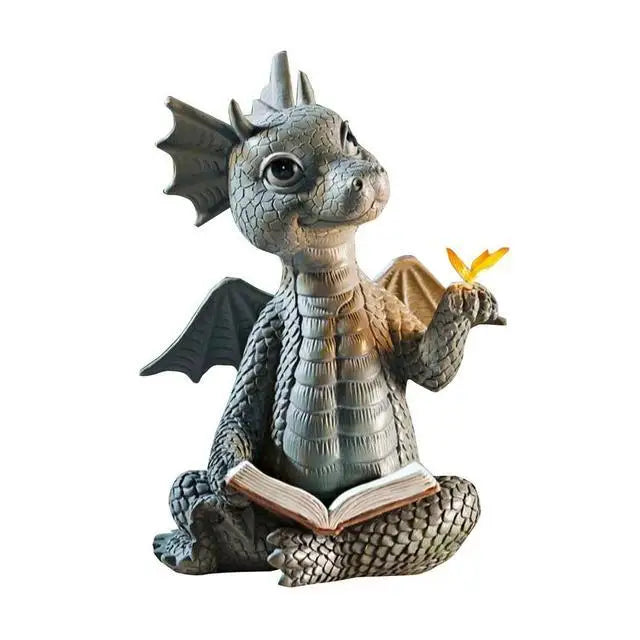 ornement résine dragon gris beige éclairé papillon livre ouvert mur jardinextérieur fantastique médiévalcharmant