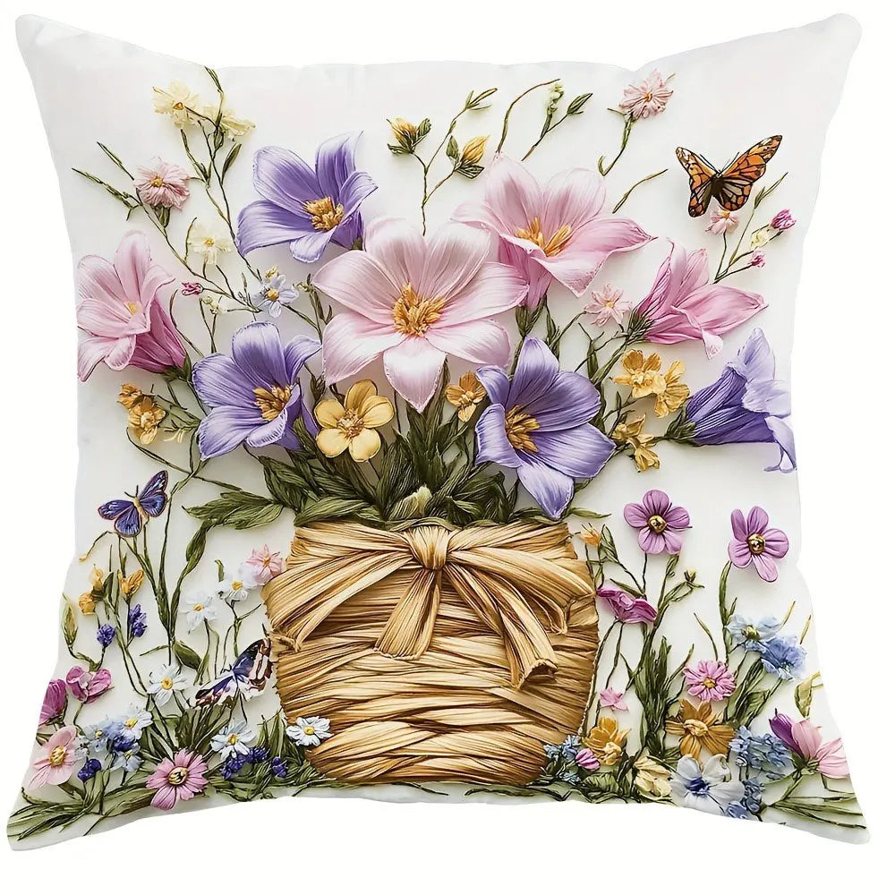 housse coussin fleurs papillons guirlande motif vintage blanc violet rose jaune vert zipper closure