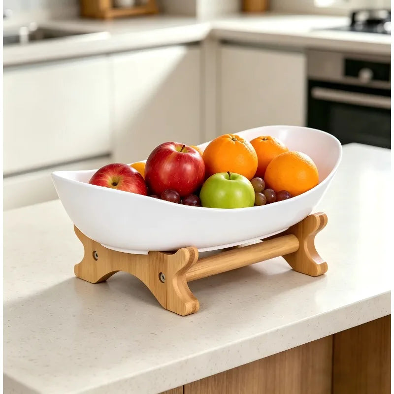 support fruits moderne bois blanc bambou compartimenté rose clair vert clips métalliques fruits variés