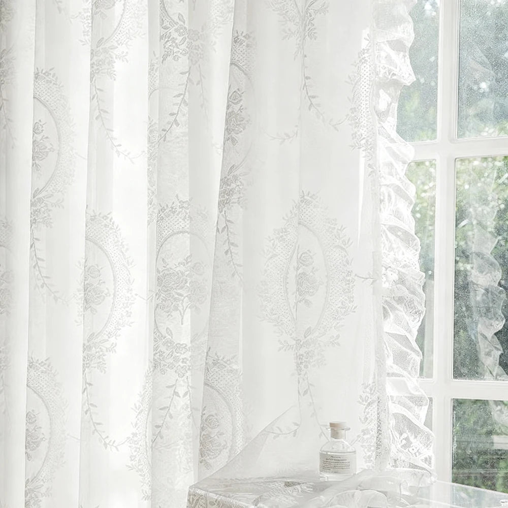 rideau blanc floral transparent classique ruban fixation polyester extérieur fenêtre plate vintage