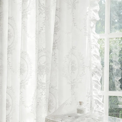 rideau blanc floral transparent classique ruban fixation polyester extérieur fenêtre plate vintage