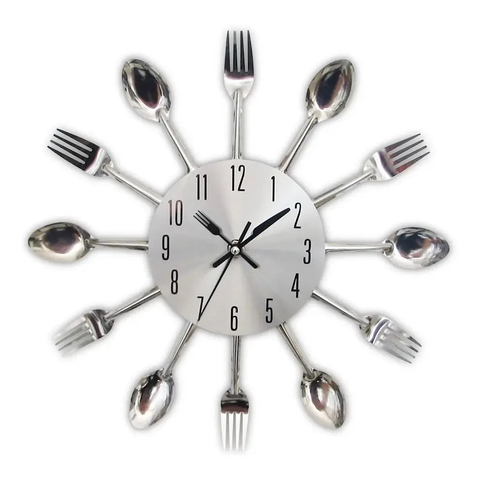 horloge murale moderne argentée forme cuillère fourchette unique