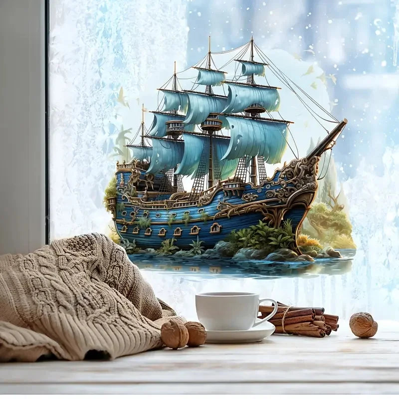 autocollant mural bateau voiles détails floraux art marin bleu vert beige noir pvc mural