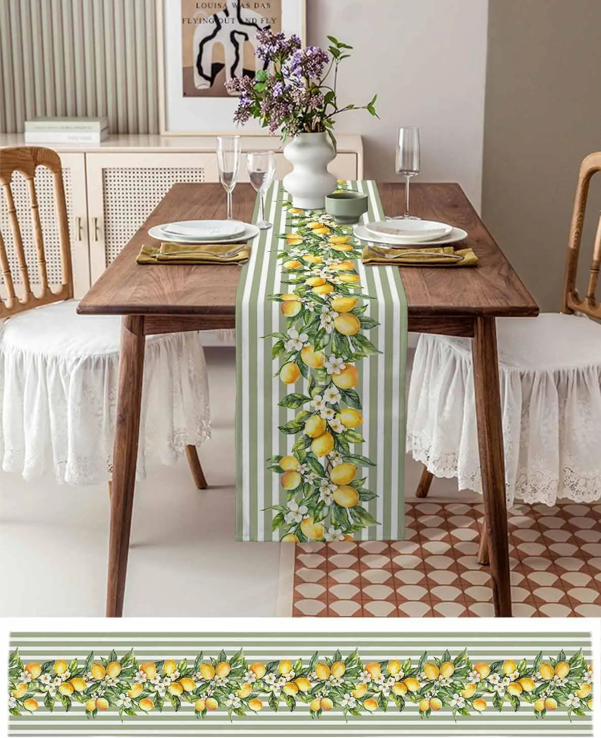 table table lin motif citrons fleurs rayures vertes esté