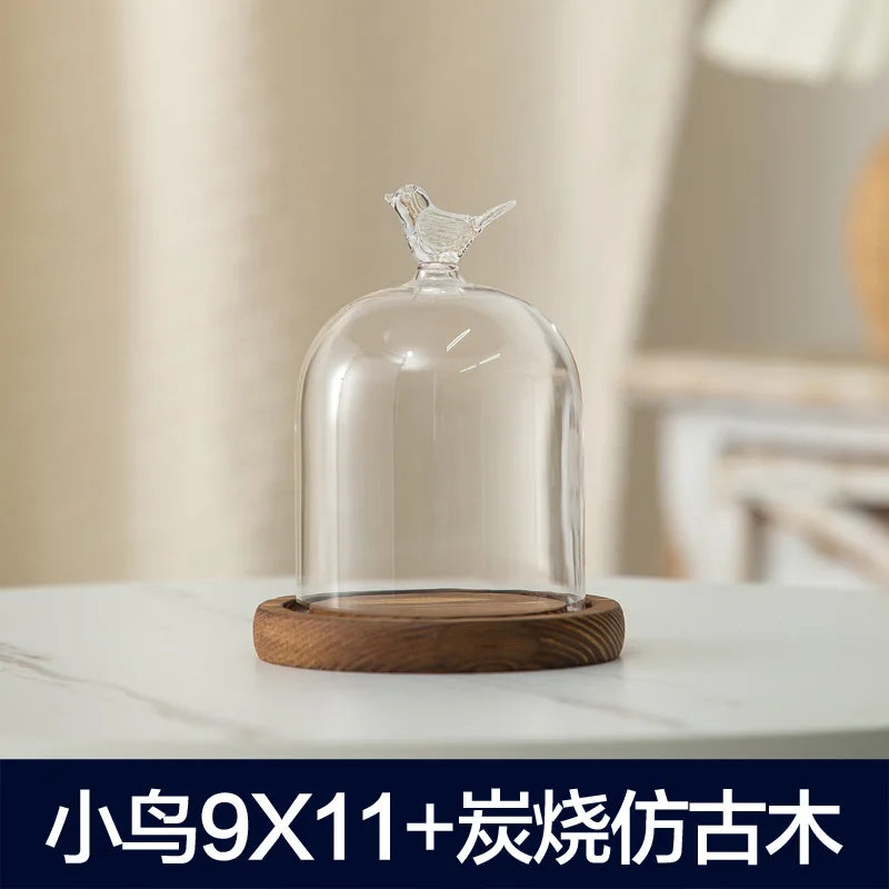 cloche verre transparent base bois bougie parfumée pinçon décoratives