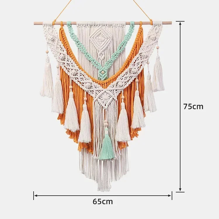 tapisserie macramé boho chic beige motifs géométriques franges moderne suspension maison