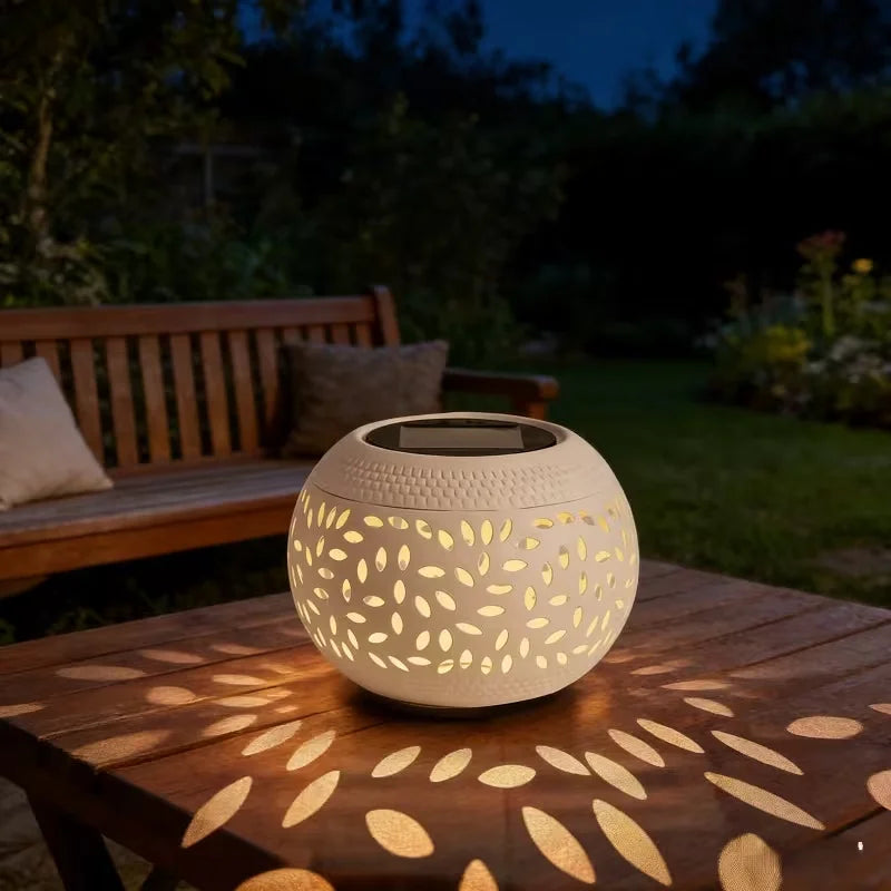 lanterne solaire moderne blanc feuilles découpées ip65 led étanche extérieur table jardin patio