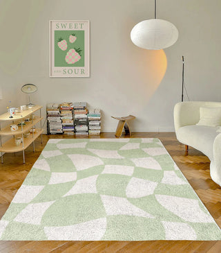 tapis géométrique abstrait vert clair blanc intérieur bohème moderne chambre salon