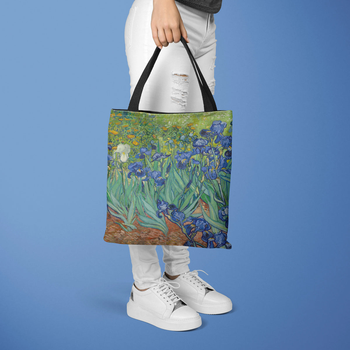 sac main polyester fleurs iris paysage moderne vert bleu beige noir poignées
