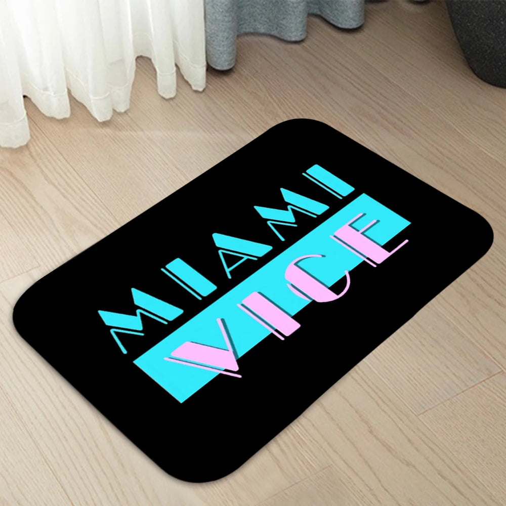 tapis moderne miami vice palmiers soleil noir bleu rose jaune vintage rétro polyester antidérapant