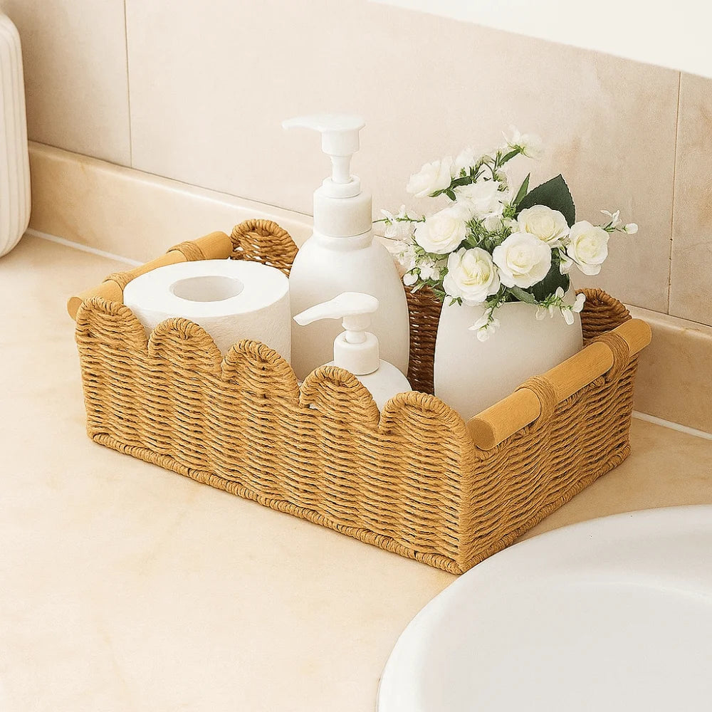 panier tressé rustique poignées bois beige naturel rangement artisanalintérieur décorationobjet