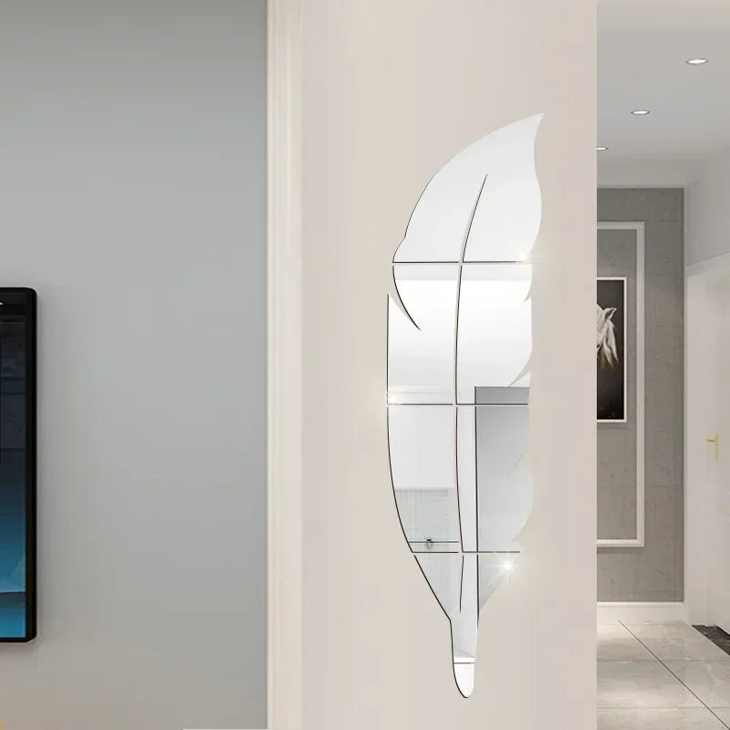 miroir mural adhésif plume stylisée décoration salon moderne acrylique argenté doré grand