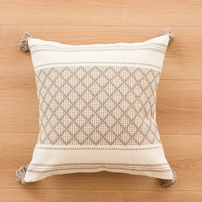 housse coussin beige motif géométrique brodé crocheté moderne amovible lavable boho chic