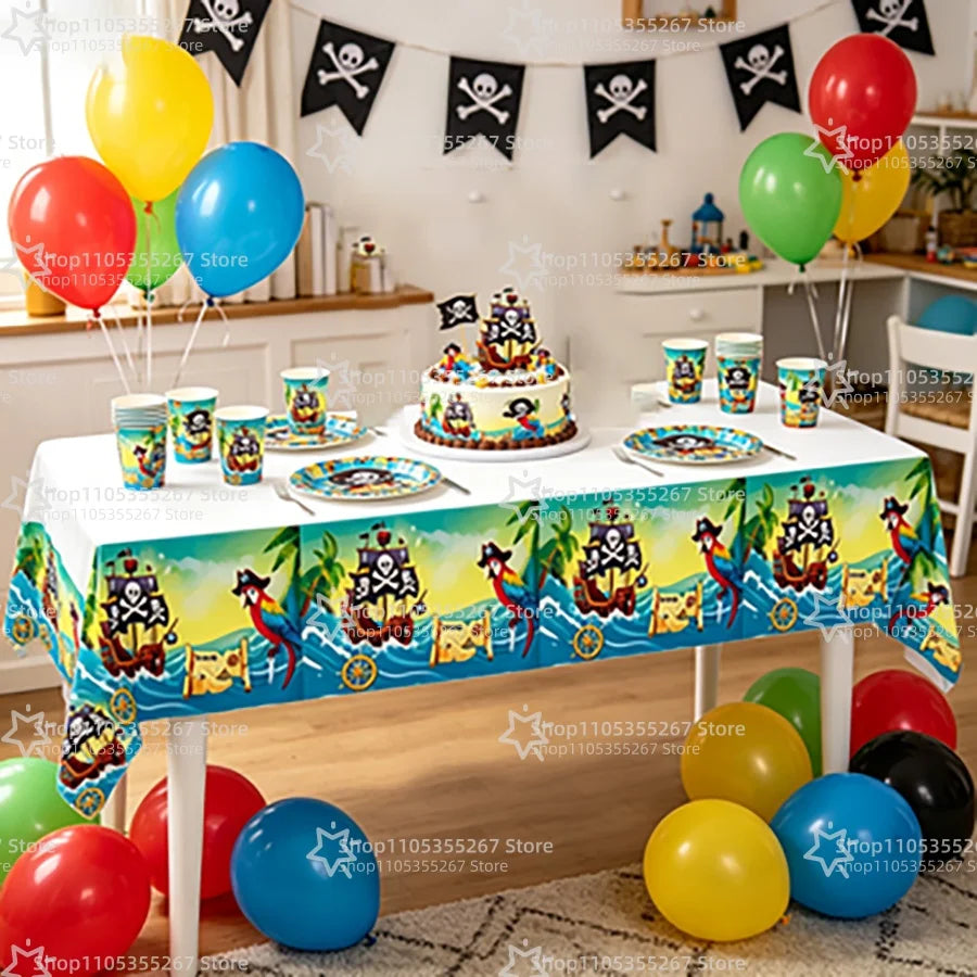 nappe pirate bateau crânes perroquet motif marin fête enfant bleu rouge vert orange