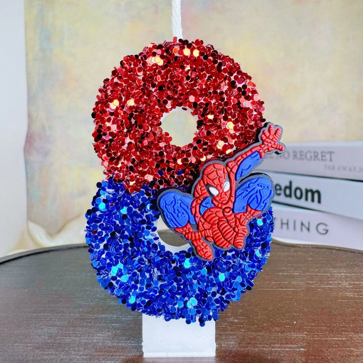 bougies décoratives anniversaire spiderman sequins brillants rouge bleu noir decoration gâteau fête thème