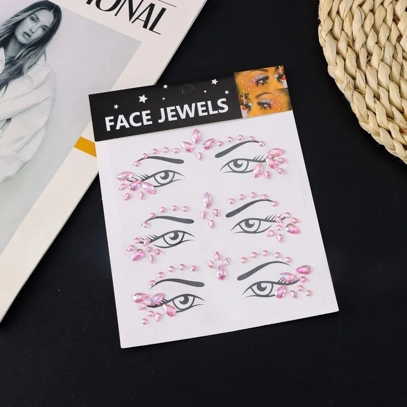 bijoux faciaux autocollants rose argenté strass brillants transparent modernes festifs temporaires