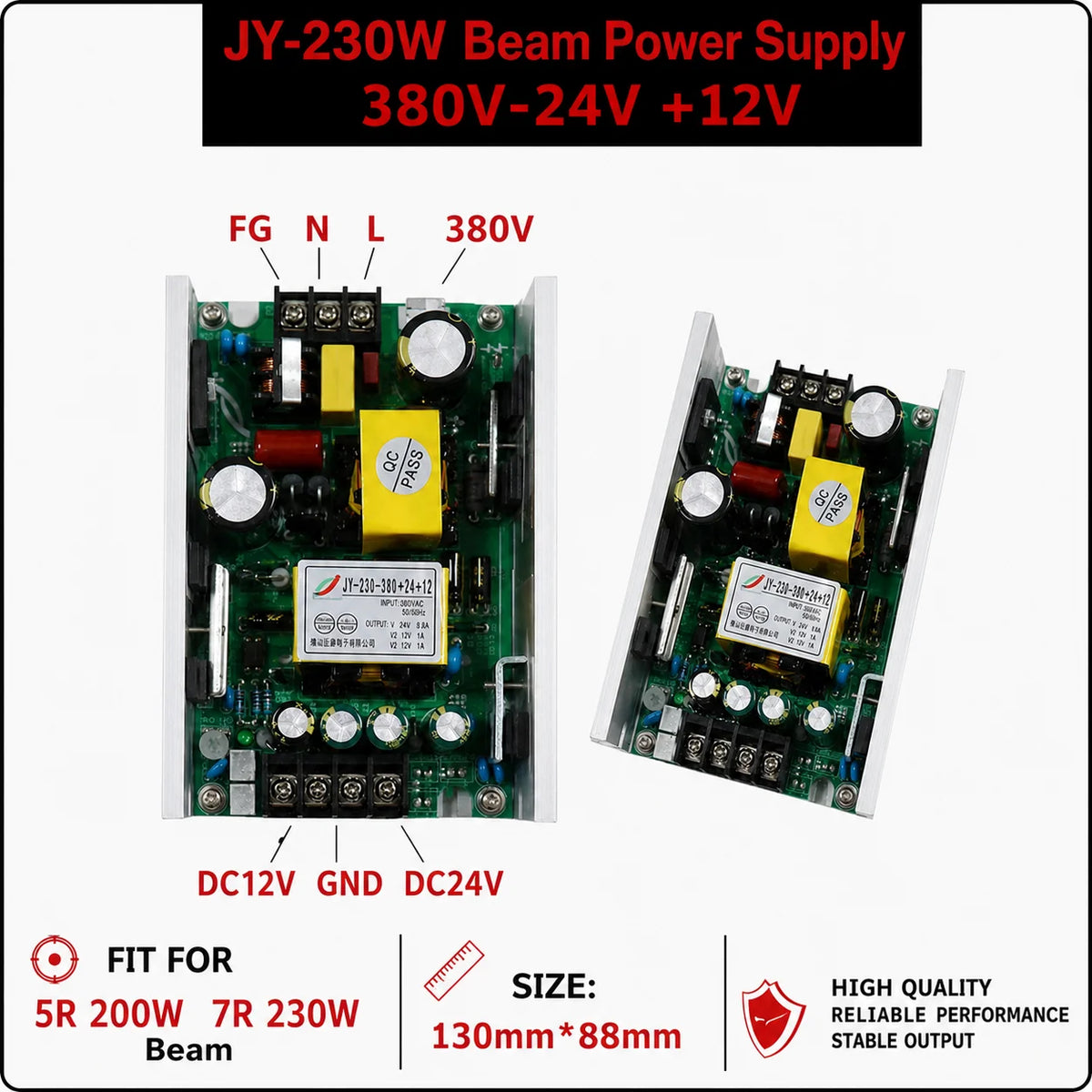 alimentation électrique projecteur laser blanc vert jaune condensateurs bobines connecteurs 230W 380W 24V 12V