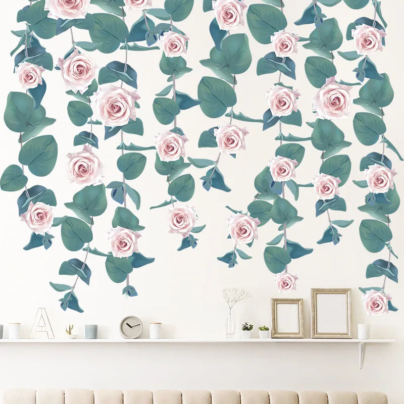 sticker mural floral feuilles vertes fleurs roses décoration intérieure moderne chambre salon autocollant pvcversible