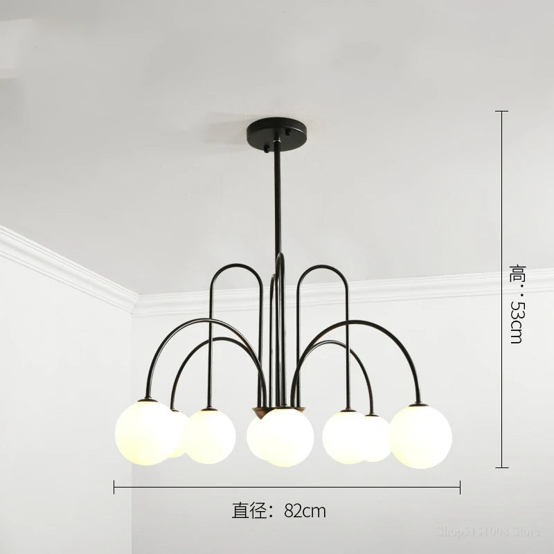 lustre moderne rouge noir doré sphères blanches opaques suspension salon chambre
