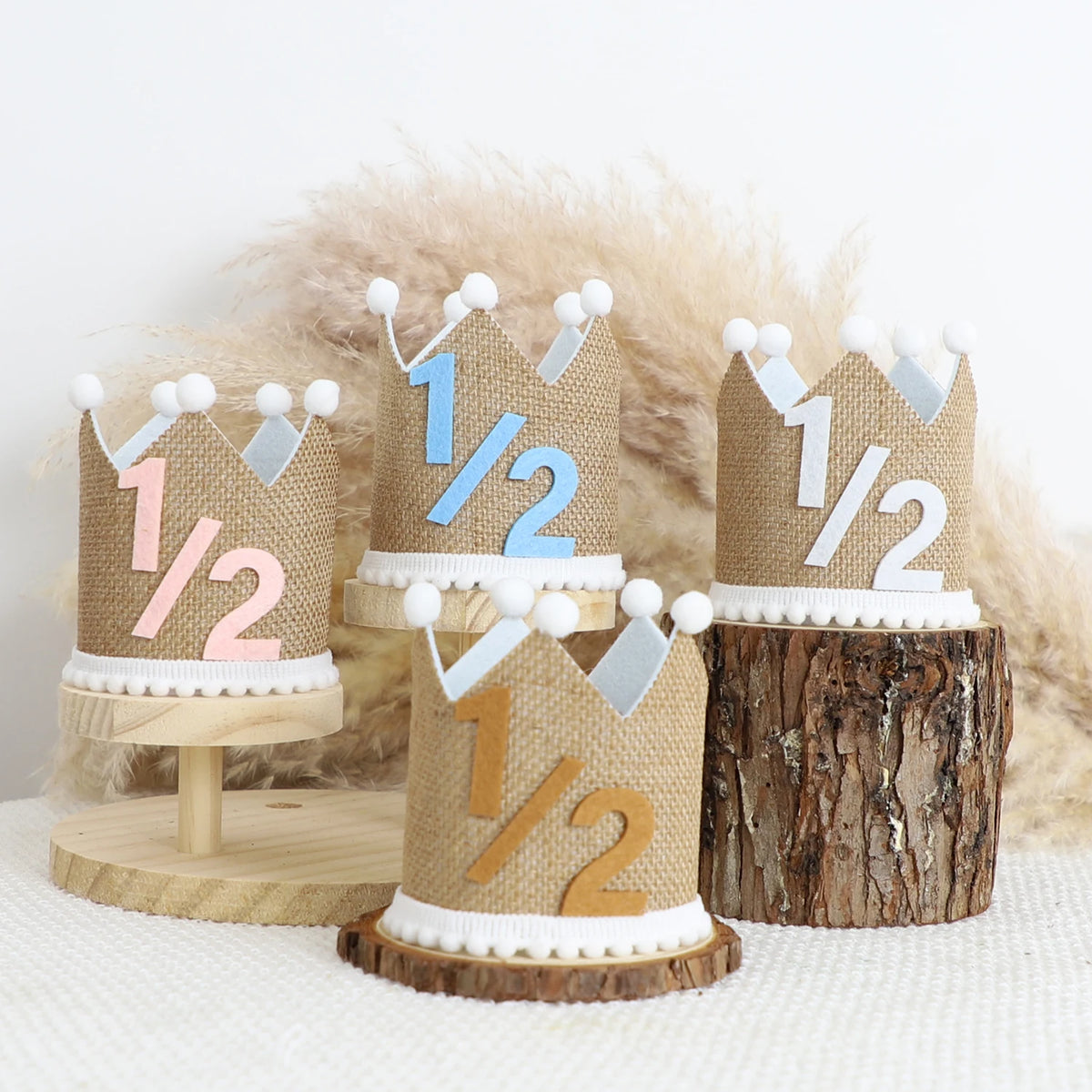 couronne décorative marron blanc bleu rose pompons chiffres anniversaire enfant photo rustic