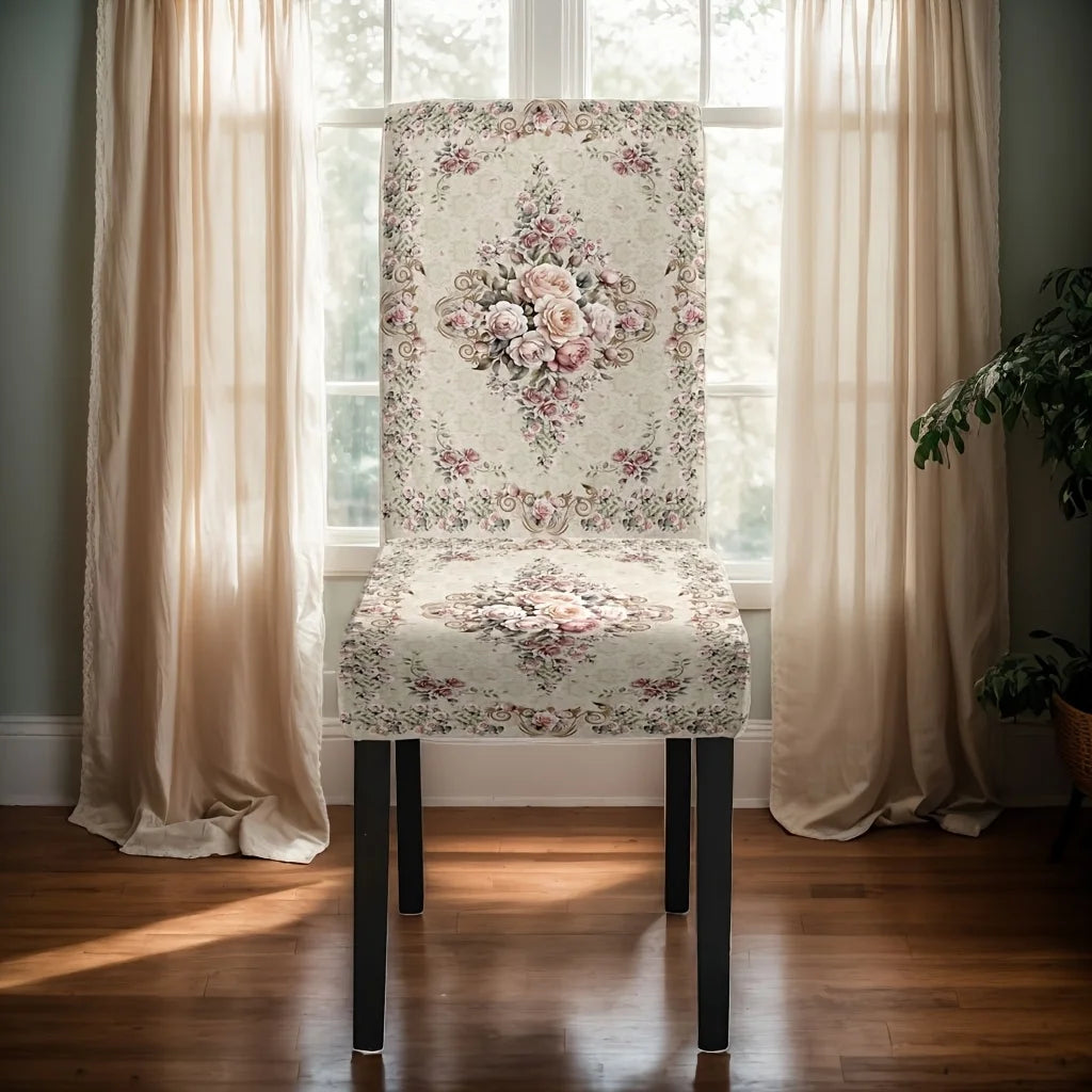 housses chaise fleur brodées beige rose vintage adhésif élastique polyester coton spandex