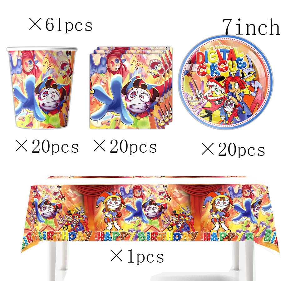 ensemble décoration anniversaire cirque numérique vaisselle papier assiettes gobelets serviettes nappe décorations multicolores