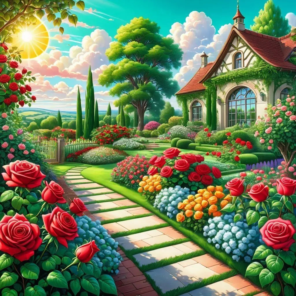toile imprimée paysagère maison chemin fleurs broderie coton multicolore instructions aiguille fixations cadrepaque