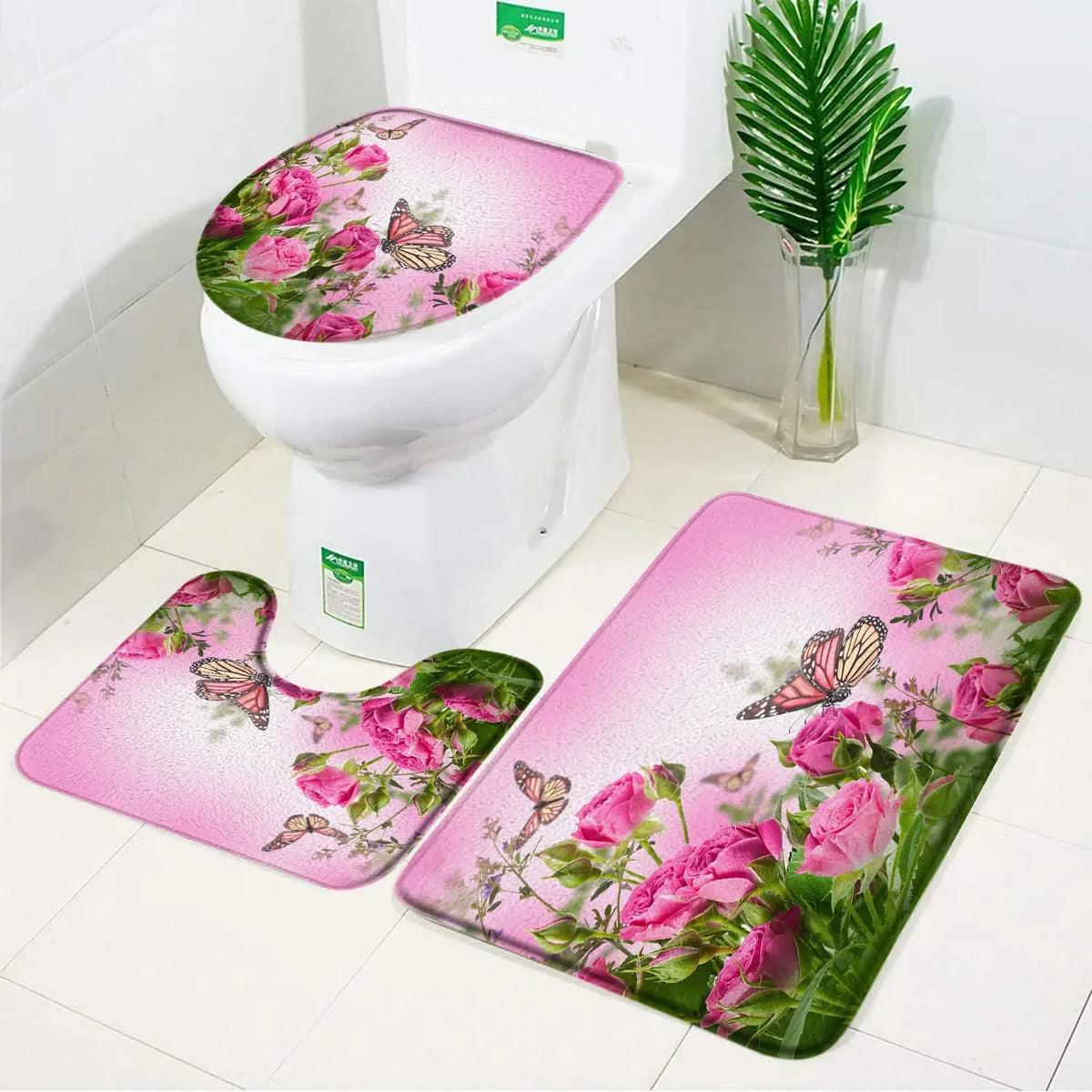 ensemble tapis bain salle bain rouge fleurs roses motif moderne coton doux décoratif
