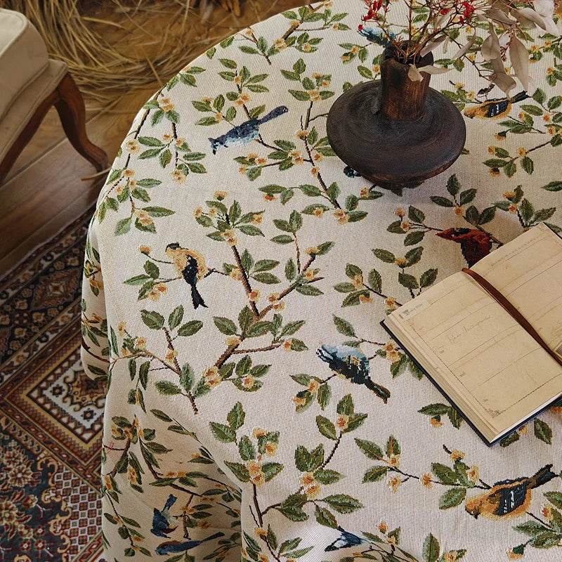 nappe table rectangulaire motif oiseaux branches fleurs traditionnel coton polyester décoration maison