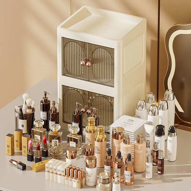 boîte rangement cosmétiques porte opaque moderne poignées dorées compartiments multiples élégante organisation produits soins