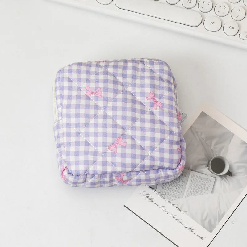 Sac cosmétiques polyestère noir blanc rose bleu cuir mat fermeture glissière poudre compacte brosse