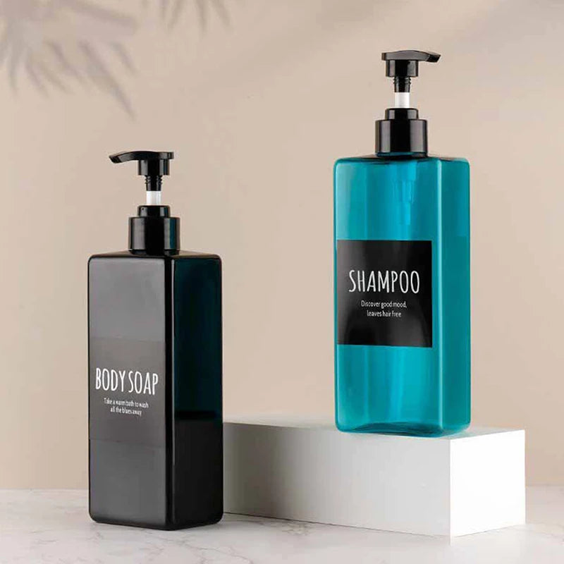 shampooing conditionneur savon main bouteille rechargeable pompe pression noir blanc bleu brun minimaliste