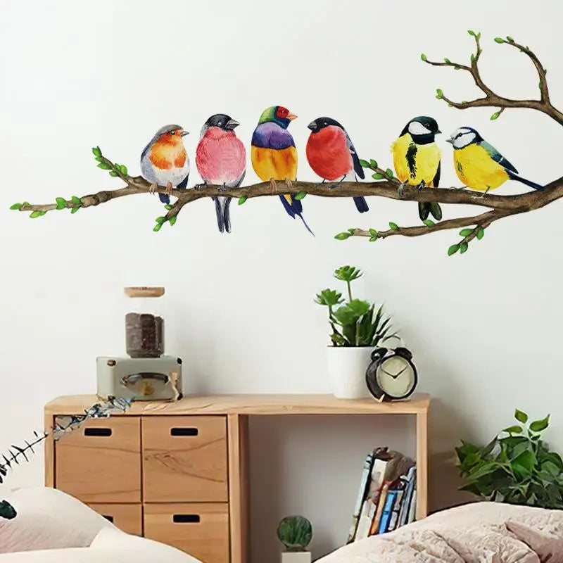 décoration murale autocollant oiseaux multicolores branche feuilles vertes intérieur chambre