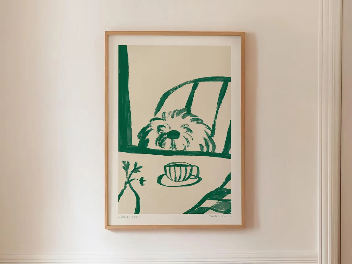 impression moderne toile chien fenetre tasse plantes art naïf illustration vert foncé beigeclair canvas