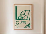 impression moderne toile chien fenetre tasse plantes art naïf illustration vert foncé beigeclair canvas