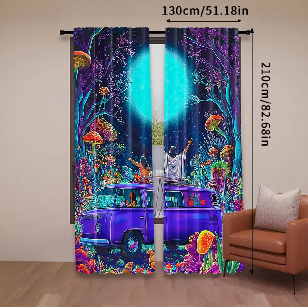 rideau polyester violet bleu vert moderne personnages champignons forêt 75x166 105x230 130x210