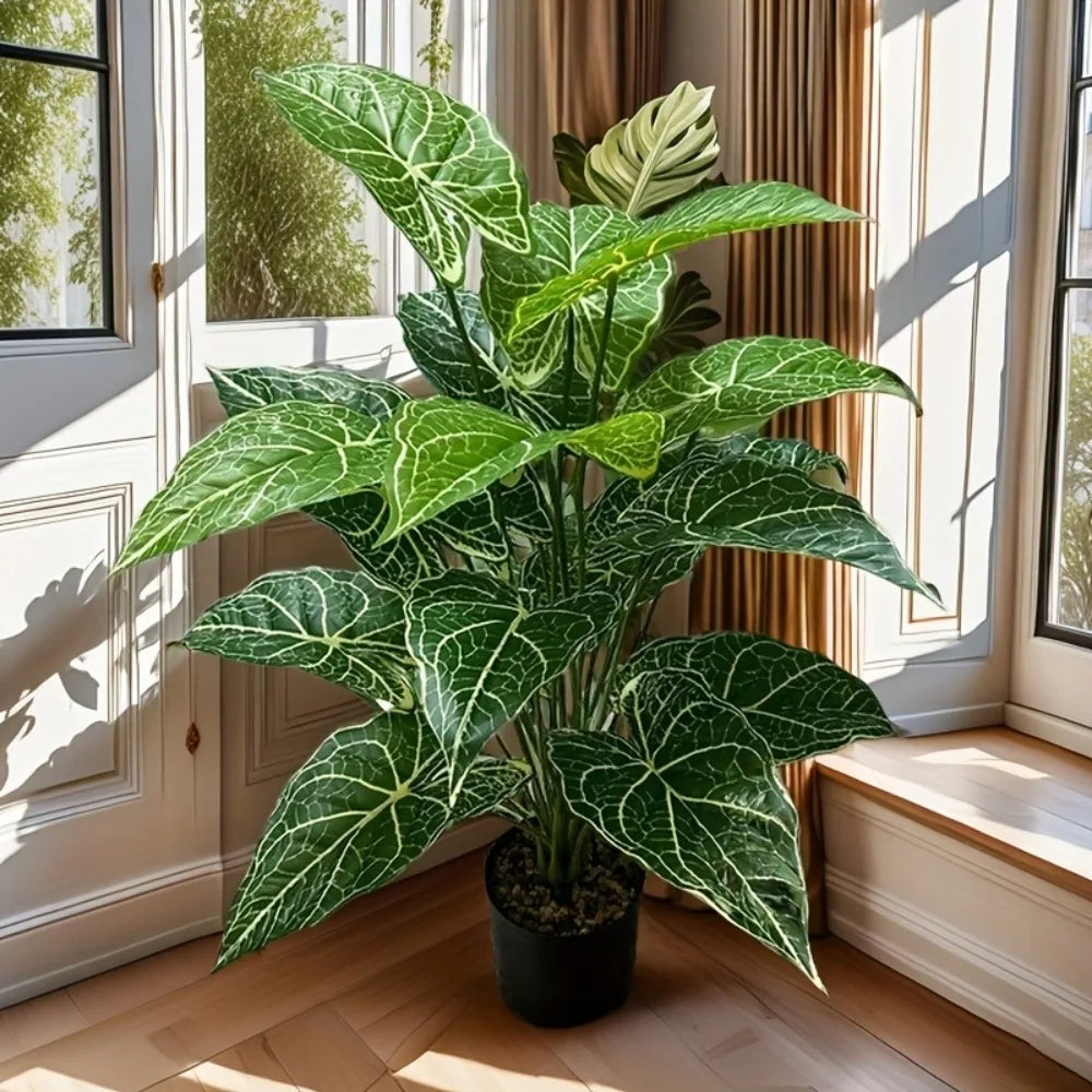 décoration maison plante artificielle feuilles vertes veines blanches moderne pot noirextérieur