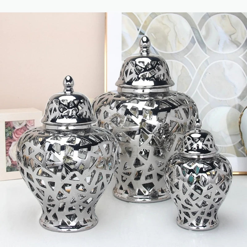 vase moderne or blanc argent réseau géométrique élégant poignée couvercle