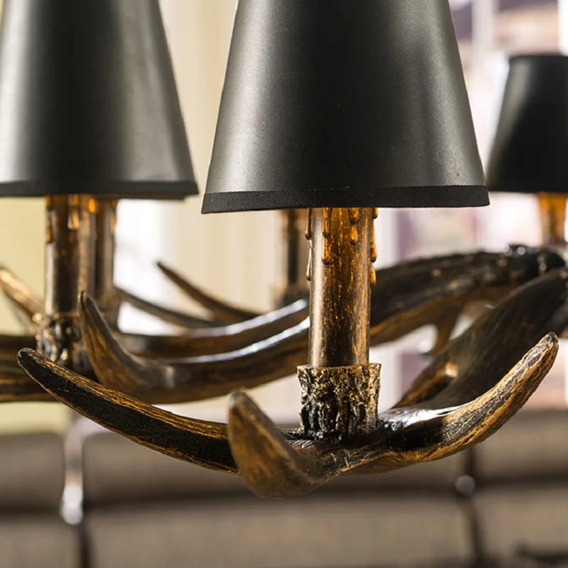 lustre rustique vintage têtes antlers noirs marron clair salon salle manger