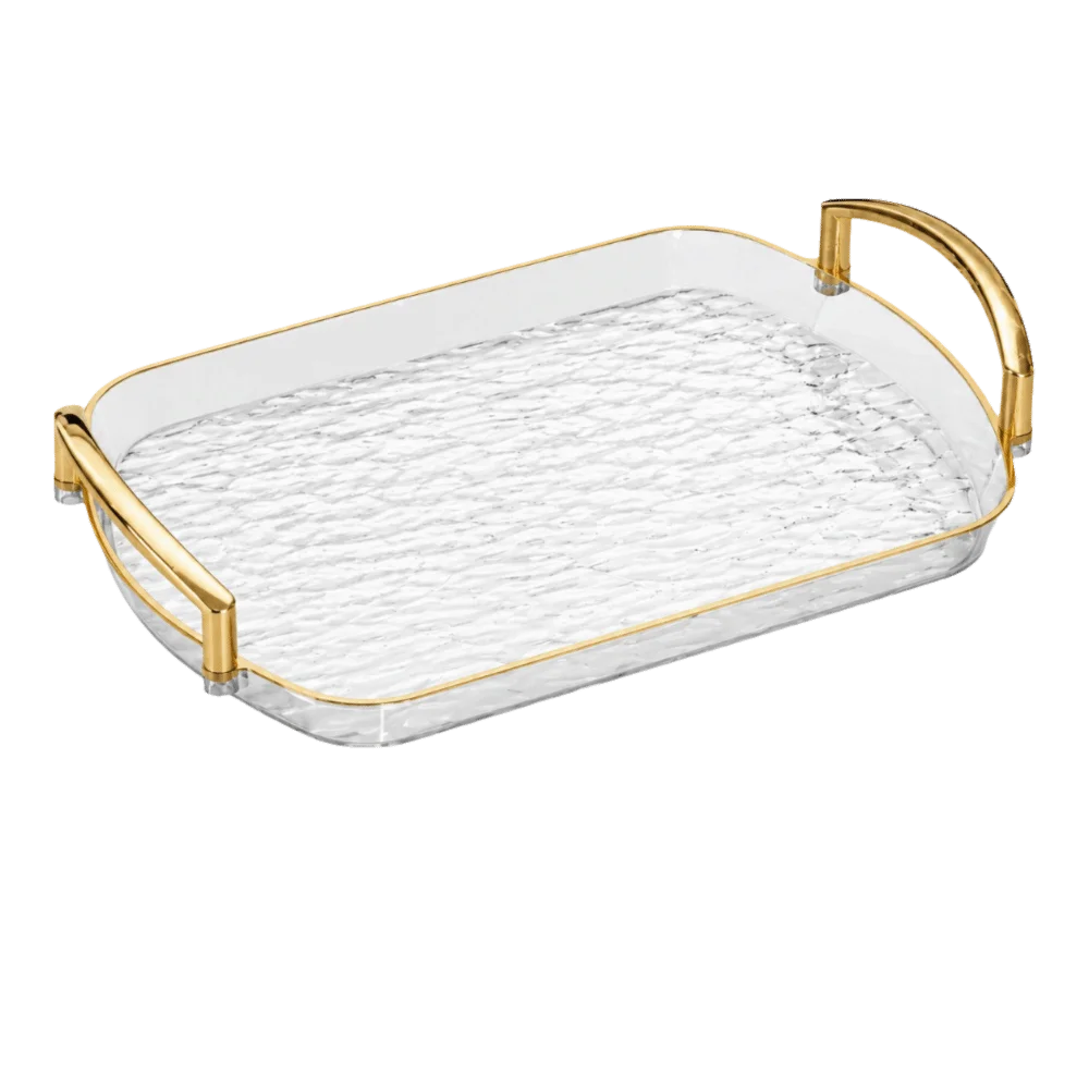 plateau rectangulaire moderne élégant poignées métalliques transparent doré texture marbrée bijoux parfums tasses
