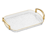 plateau rectangulaire moderne élégant poignées métalliques transparent doré texture marbrée bijoux parfums tasses