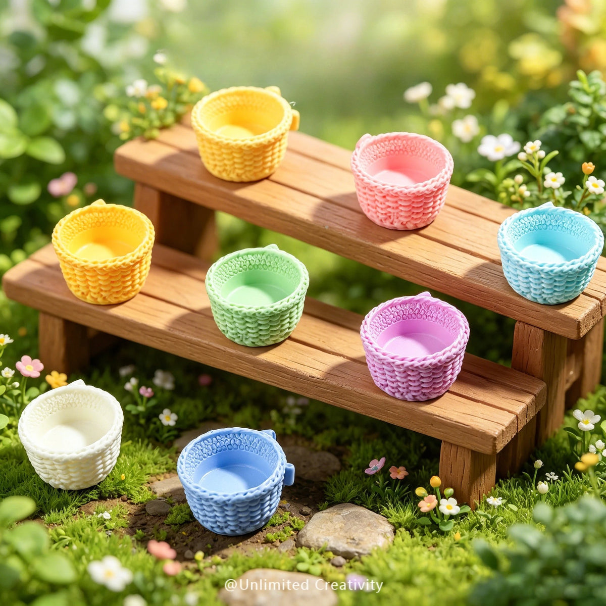paniers tressés résine couleur jaune vert rose bleu blanc rustique décoration miniature maison poupée