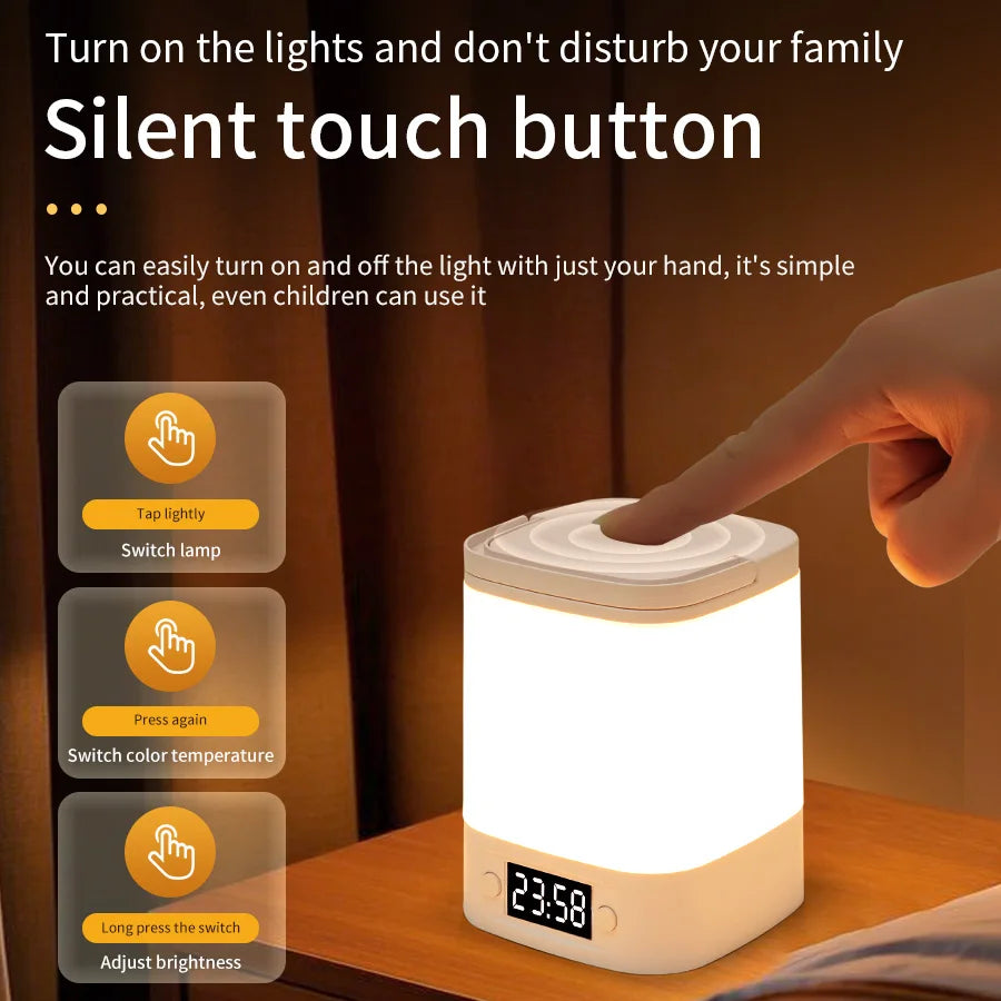 lampe chevet rechargeable horloge affichage heure télécommande bouton tactile usb moderne blanc