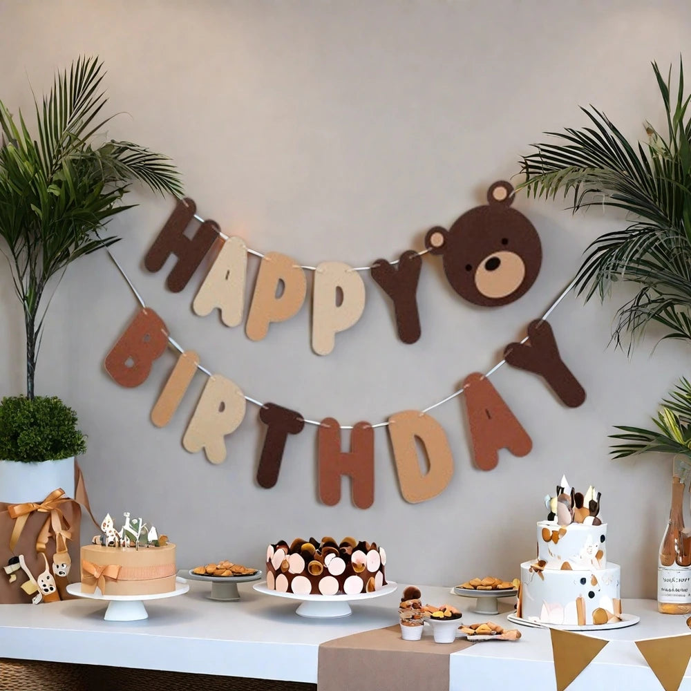 guirlande lettres happy birthday ours brun décor anniversaire clips marron carton festive