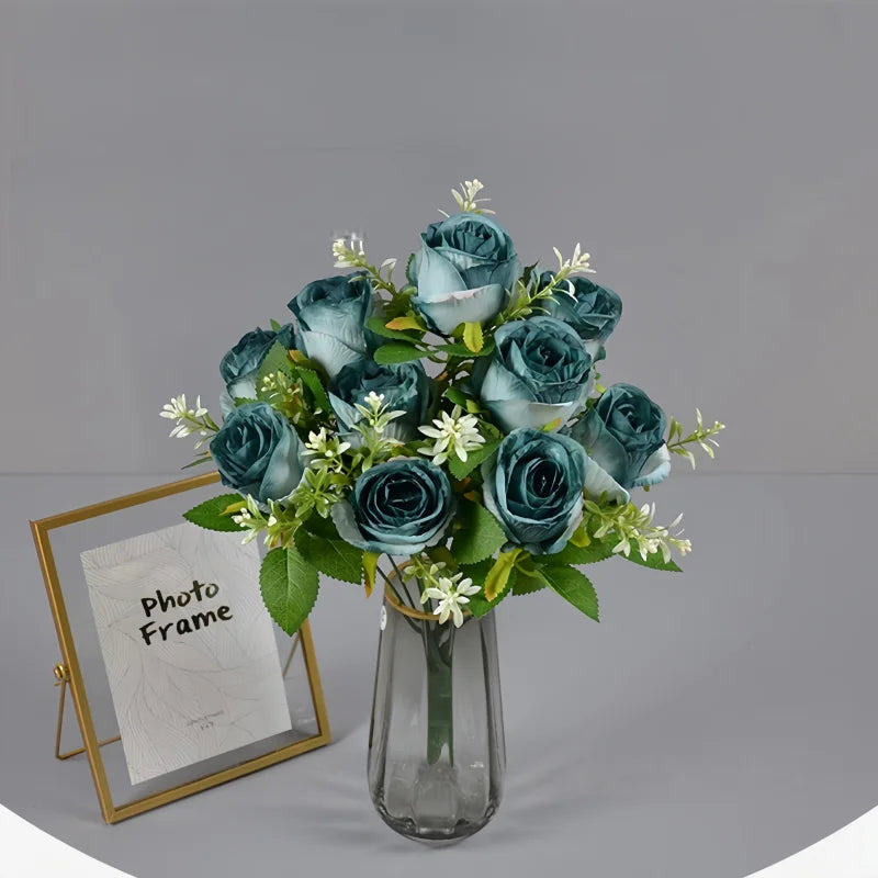 bouquet roses artificielles soie couleurs variées feuilles vertes modernes élégantes intérieur extérieur