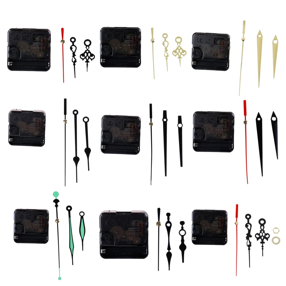 mouvement mécanique horloge aiguilles pointues cadres noirs pièces internes classiques dorés rouges verts fixations