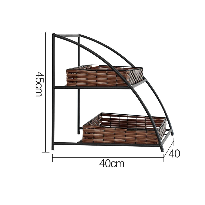 étagère moderne rustique paniers rotin structure métallique noir brun clair multifonctionnelle rangement cuisine