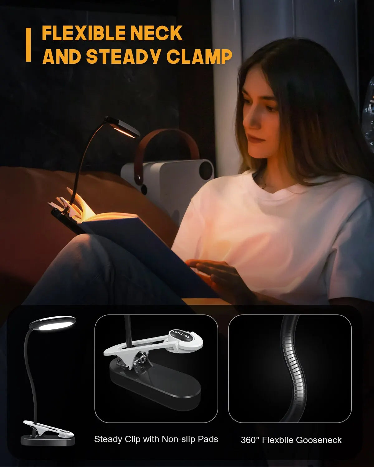 lampe lecture pinces rechargeable led blanc noir écran charge moderne minimaliste
