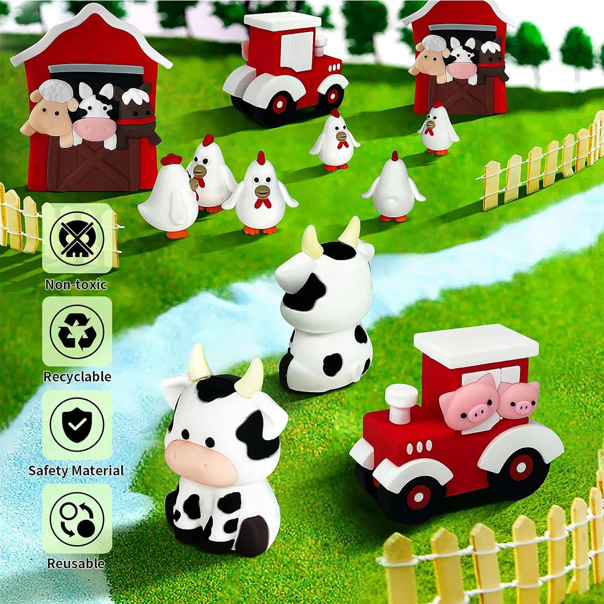 figurines farm animaux blanc noir rouge vert grange train cochon vache poulets